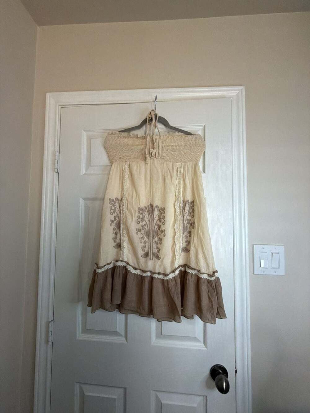 a'reve Dress Size L Beige Halter Smocked Boho Cottagecore
